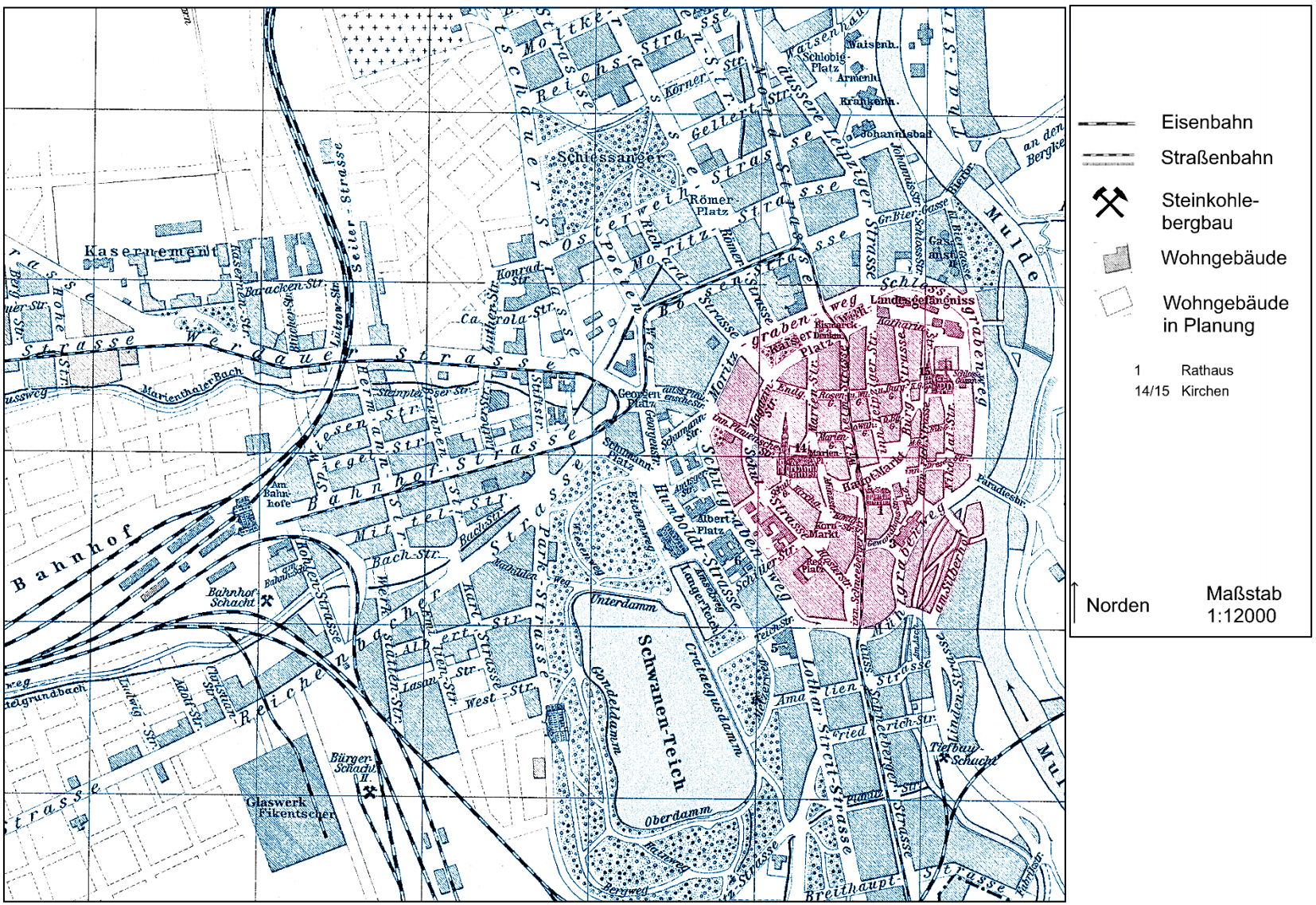 Historische Stadtkarte mit markierter Altstadt, Bahngleisen und Legende rechts.